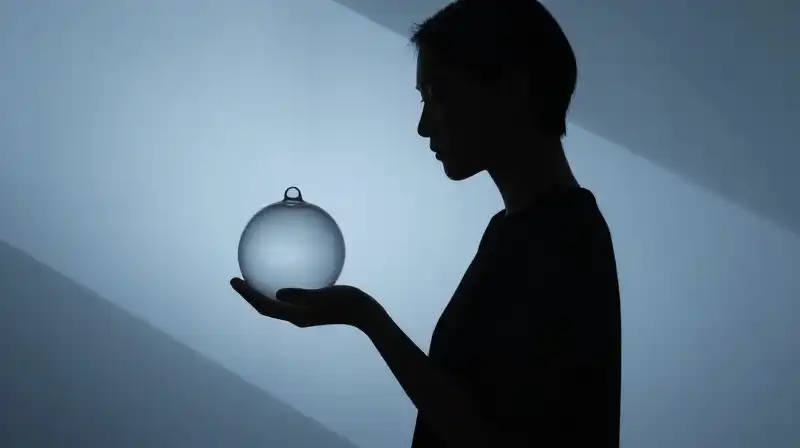 A silhouetted figure holds a fragile glass ornament in haze