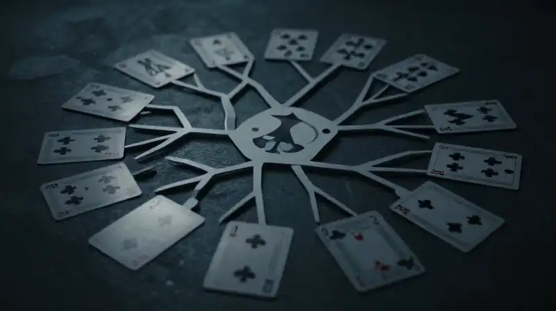 Playing cards scattered in a neural network pattern within darkness