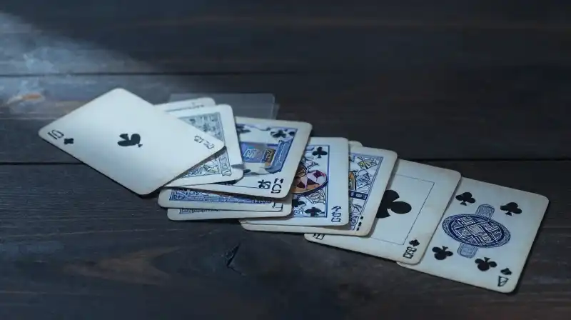 Vintage playing cards morph into silhouettes on dark wood