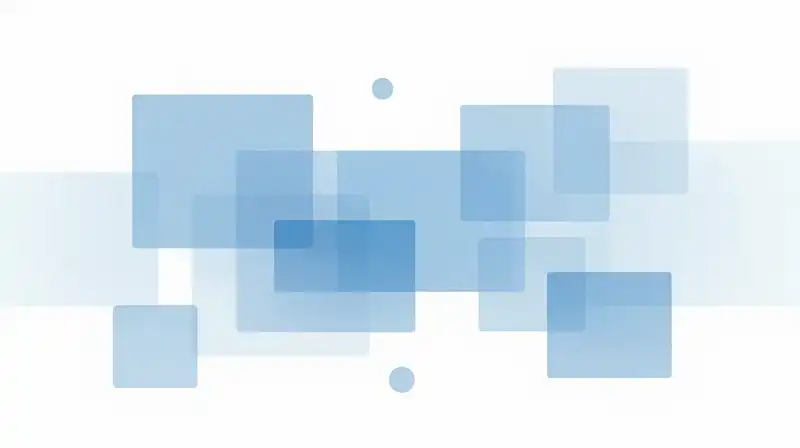Translucent blue geometric shapes float within a structured pattern