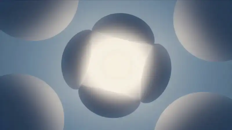 Glowing geometric spheres float within a tranquil blue atmosphere