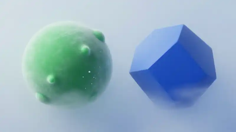 A soft green orb floats amidst rigid blue geometric shapes