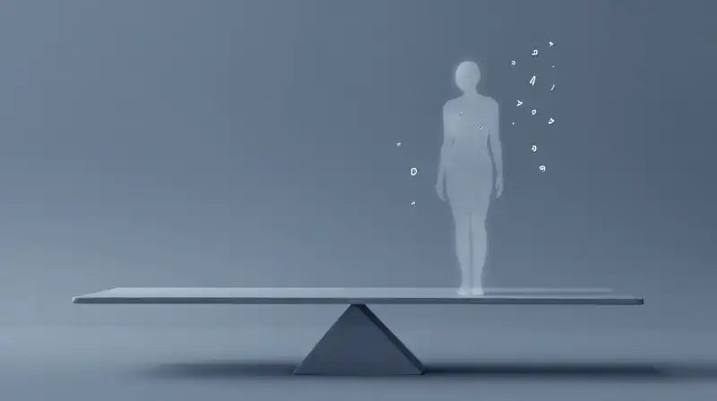 A translucent silhouette floats among soft shapes and sharp symbols