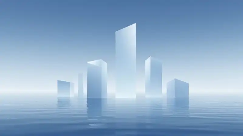 Translucent geometric pillars rise from a calm, blue sea