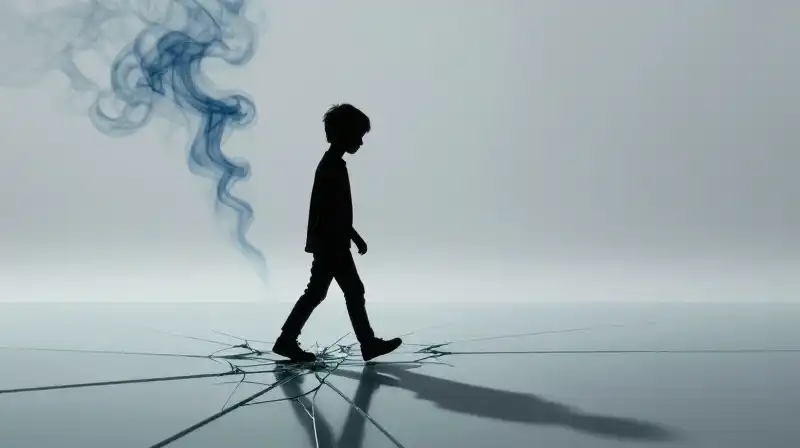 A child walks on cracked glass through blue smoke