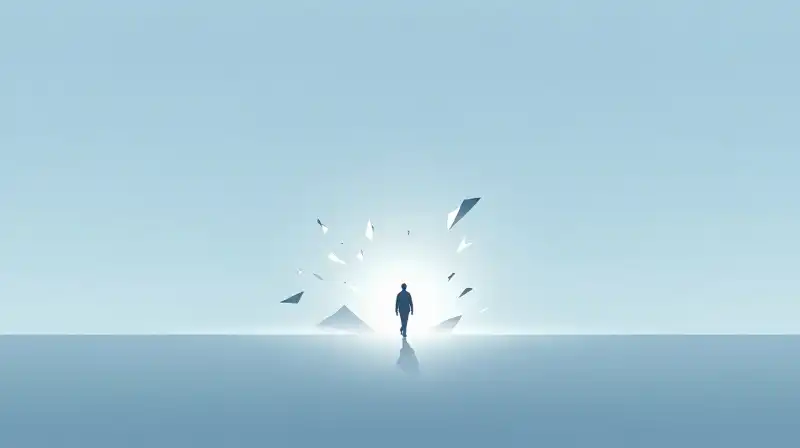 A silhouette walks through geometric shards toward a distant light