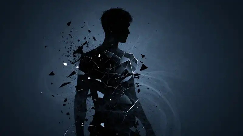 A dark figure fractures into swirling blue shards