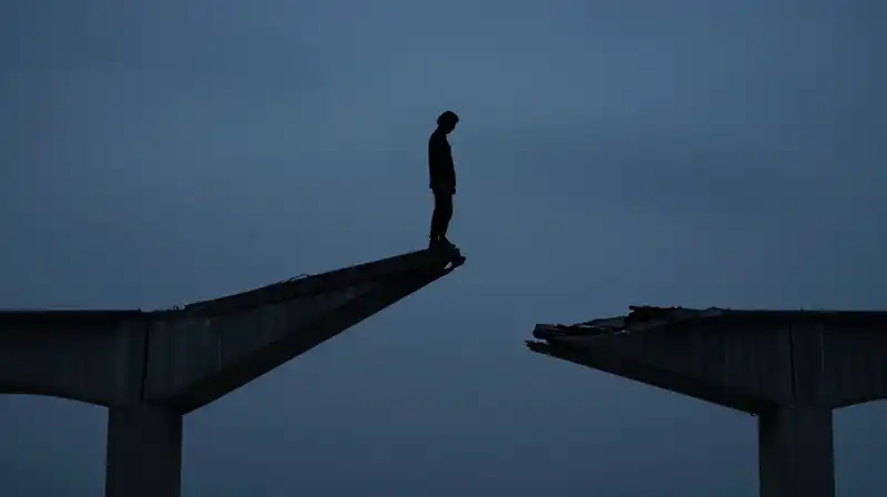 A silhouetted figure moves between peaks over a crumbling bridge