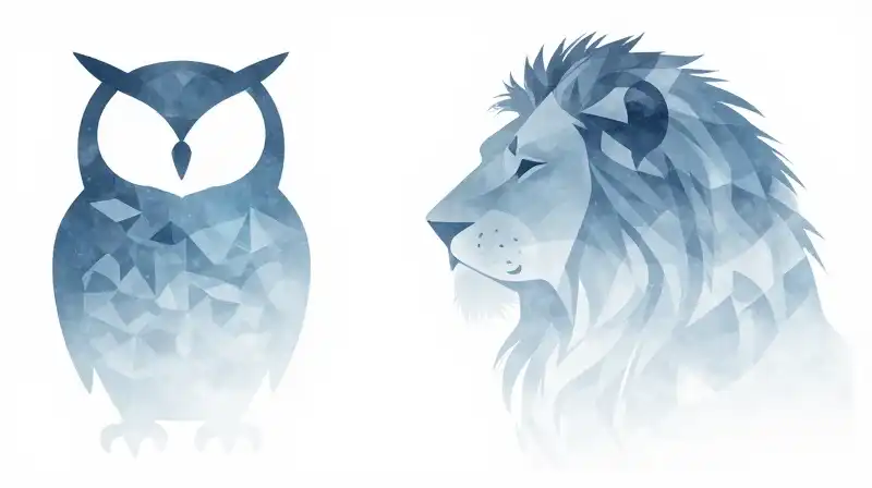 An owl and lion merge into blue cosmic silhouettes