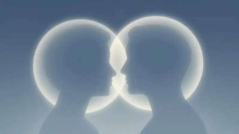 Two glowing geometric shapes overlap like soft, empathetic spheres