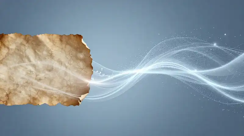Glowing fluid droplets merge into digital data on parchment