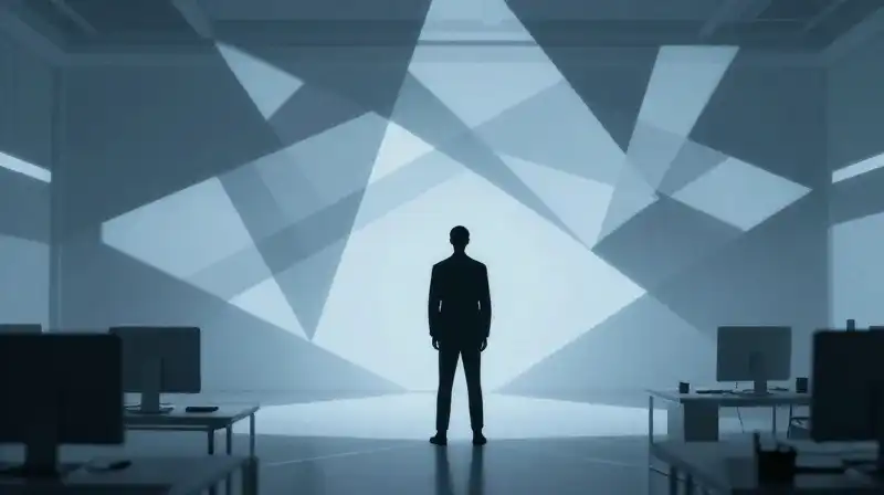 A lone silhouette faces a large, shifting geometric pattern