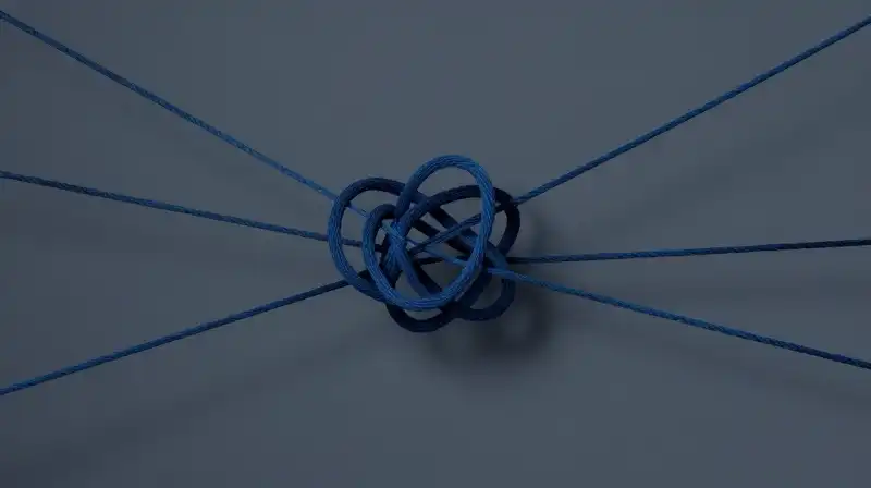 Tangled blue threads form a fractured, geometric silhouette