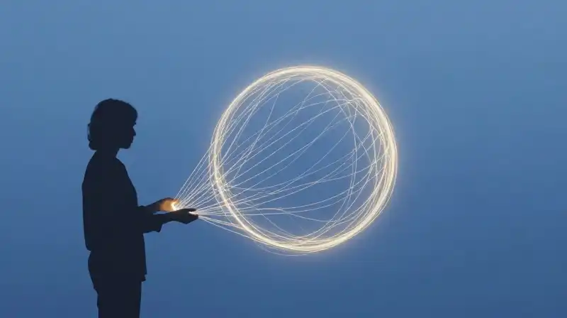 A silhouette gently untangles glowing threads from a chaotic web
