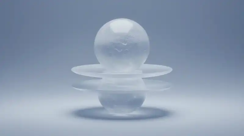 Nested crystalline spheres float within soft, ethereal blue fog