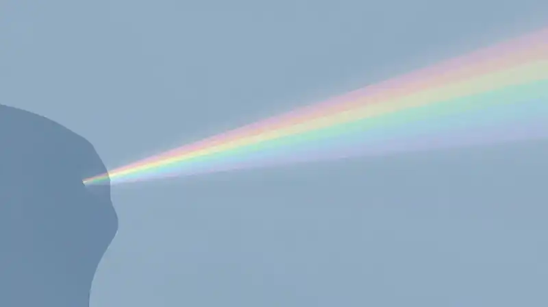 A prism splits a light beam into four colored paths