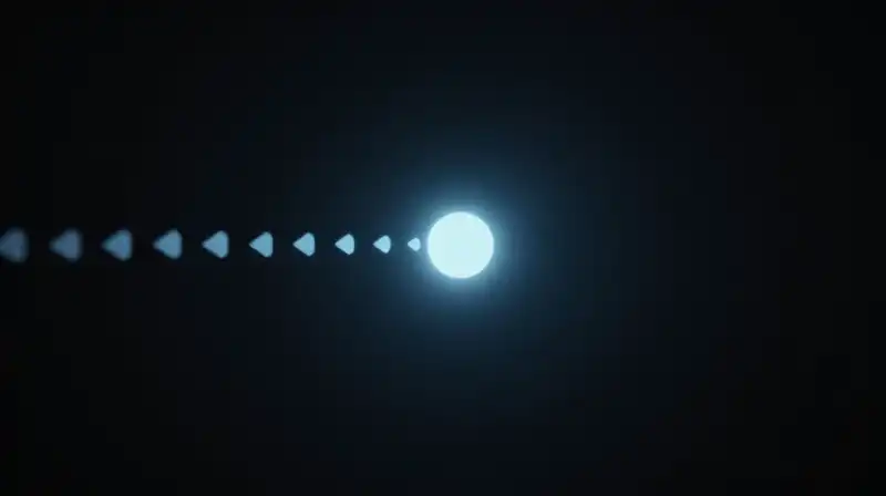 A glowing orb trails geometric shapes through a dark void