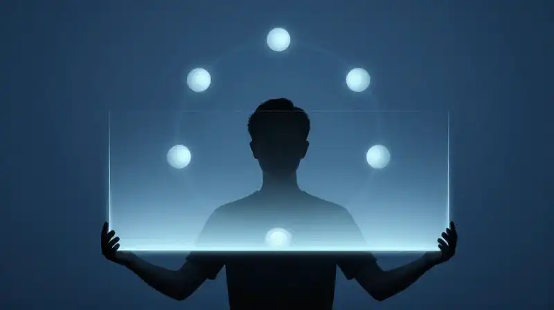 A silhouette stands behind a glowing barrier amidst blue spheres