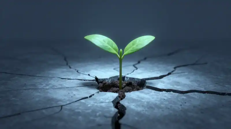 A small seedling grows through cracked stone under blue light