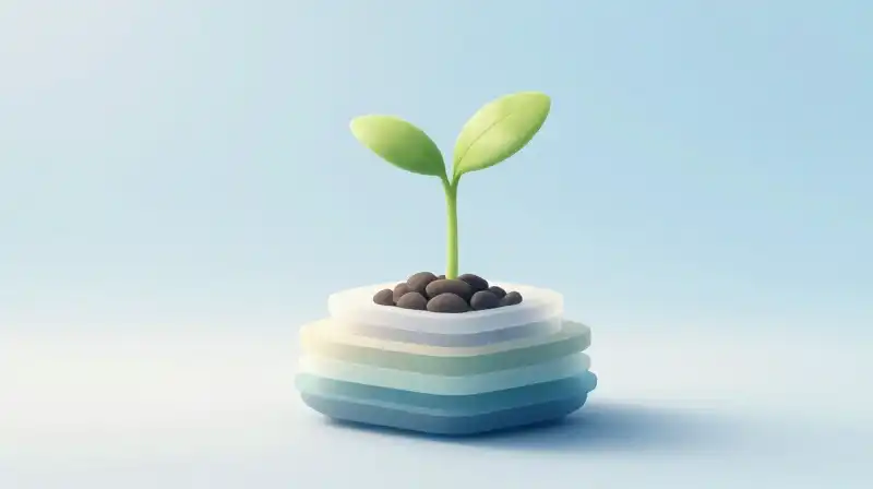 A tiny seedling sprouts from a stone amidst geometric shapes
