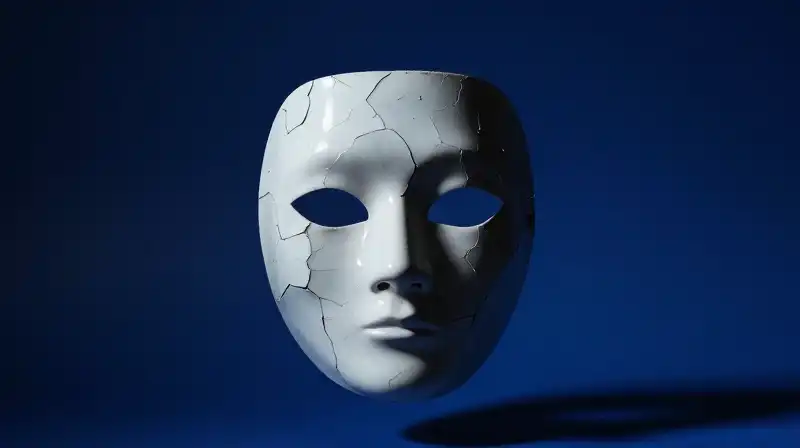 A crumbling porcelain mask floats in a deep blue void