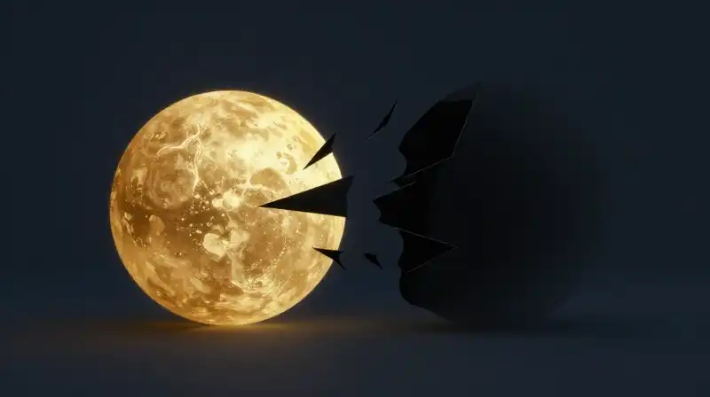 A glowing golden sphere contrasts with fractured dark shadows