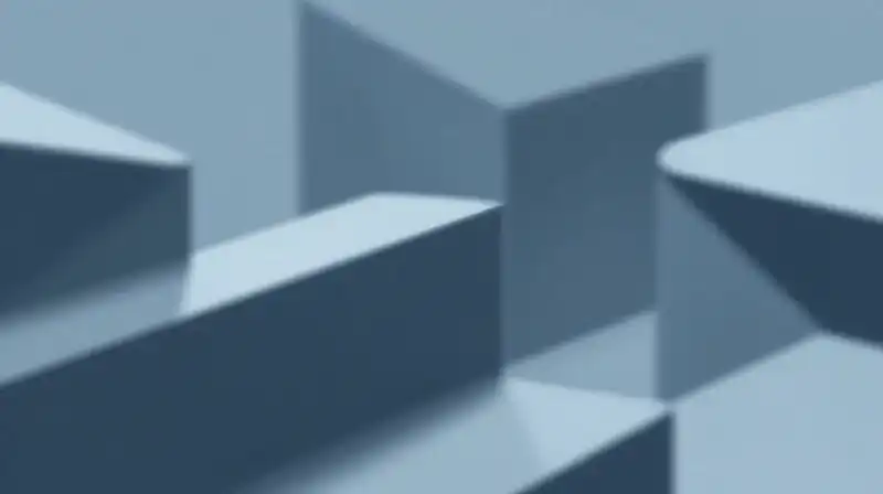 Interconnected geometric shapes shift within a soft blue void