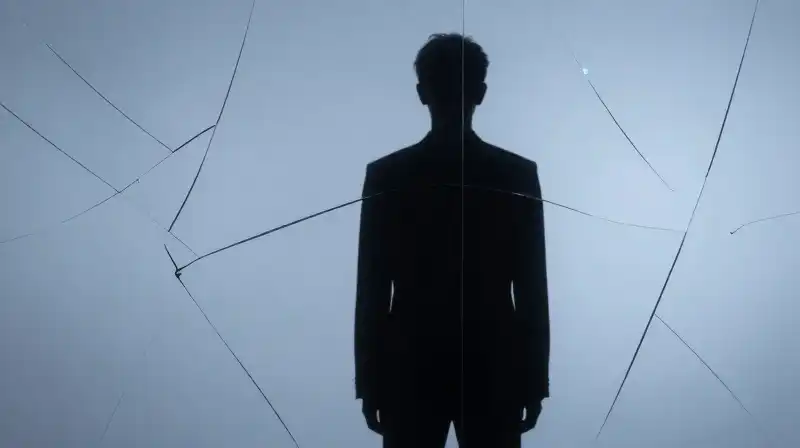 A silhouette stands behind fractured glass in a blue atmosphere