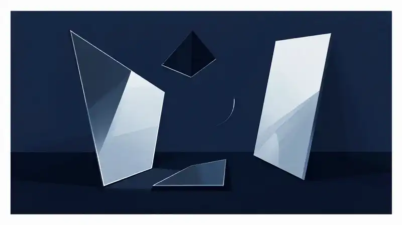 Geometric silhouettes and fractured mirrors float in a deep blue void