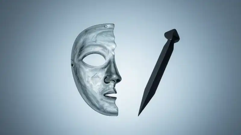 A glass mask and sharp tool float in blue