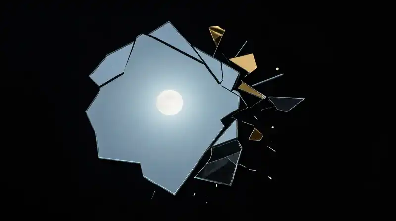 A fragile glass silhouette crumbles into golden shards amidst darkness
