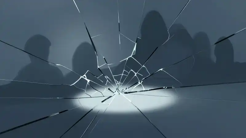 Shifting silhouettes reflect through fractured glass in a blue atmosphere