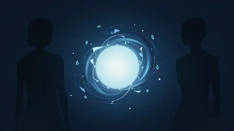 Three dark silhouettes surround a glowing, central orb