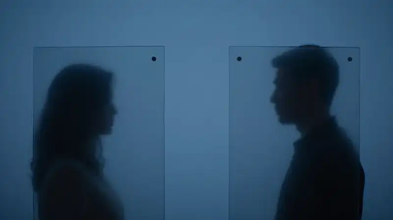 Two silhouettes are separated by a translucent geometric glass shield
