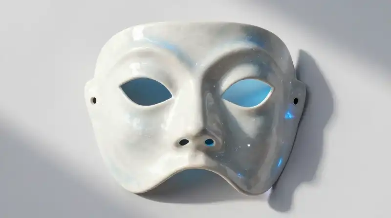 A fragmented porcelain mask glows with shimmering blue light