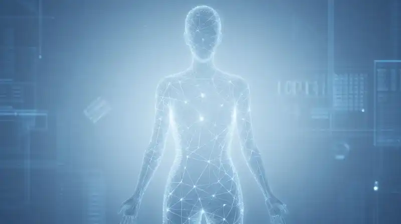 A glowing, geometric figure floats amidst abstract blue blueprints