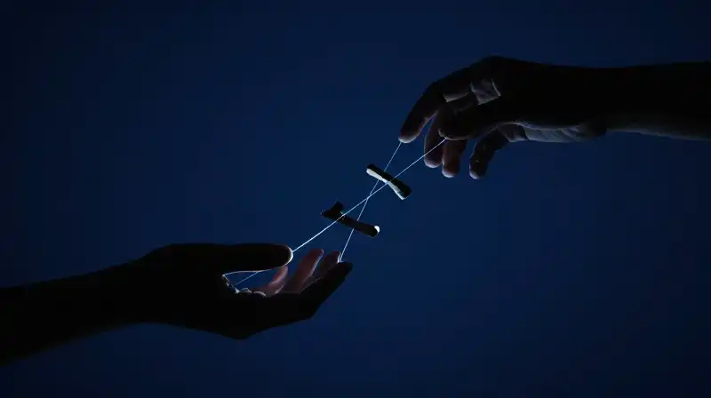 Hands manipulate glowing blue threads and floating wooden fragments