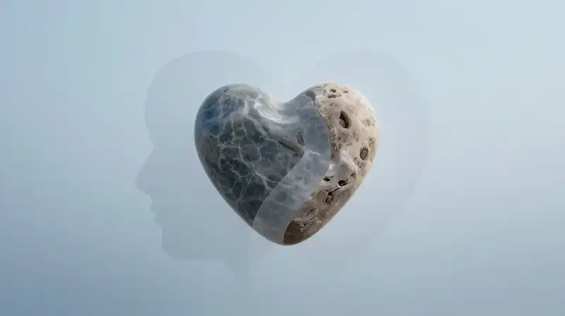 A polished stone overlaps a weathered organic heart in blue