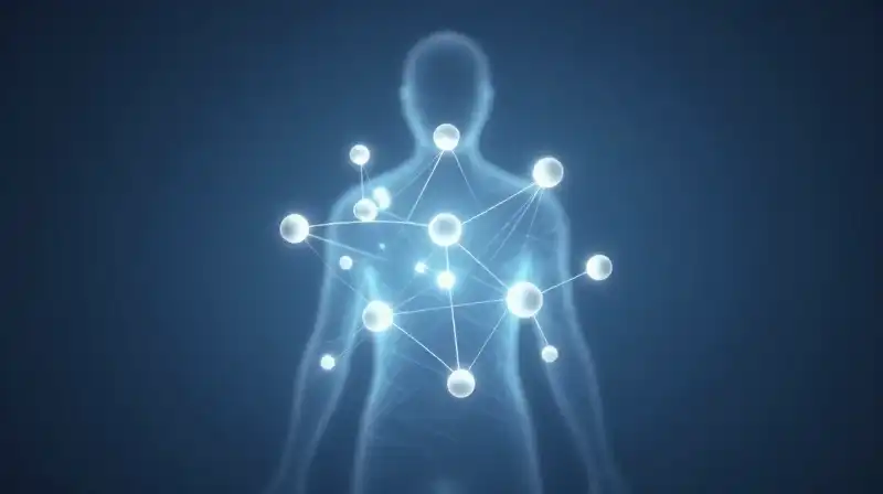 Ten glowing spheres float inside a translucent human silhouette