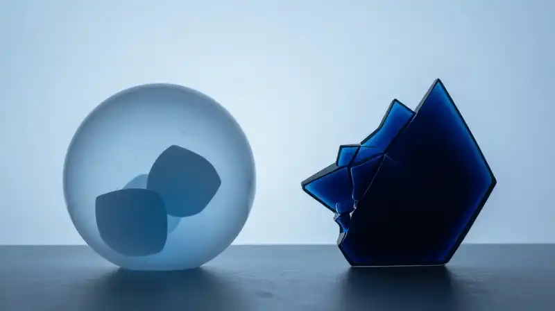 Two blue glass silhouettes, one smooth and one fractured