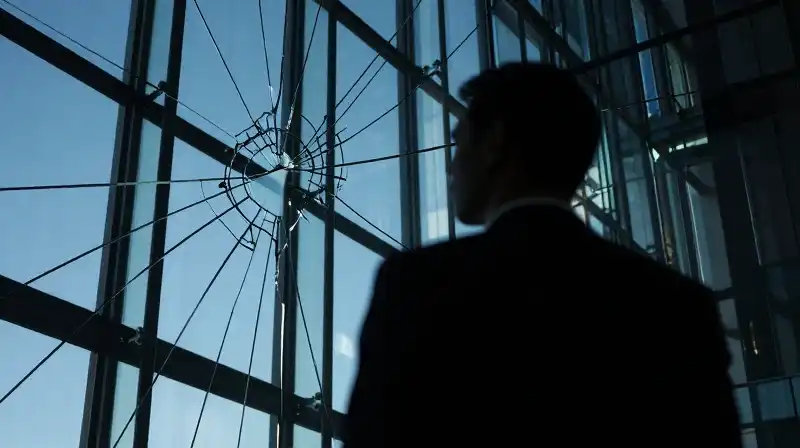 A dark silhouette looms over a fragile glass structure