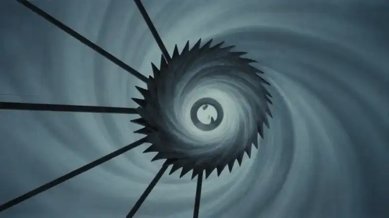 Jagged lines radiate outward against a swirling inward spiral