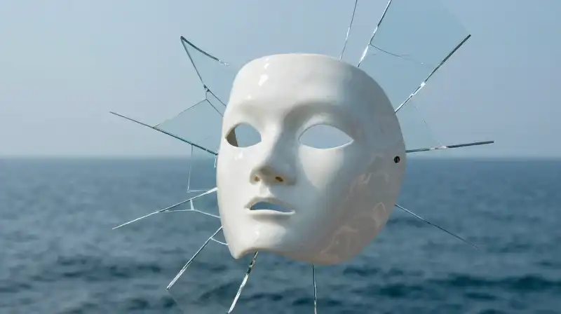 A porcelain mask floats above cracked blue glass by the sea