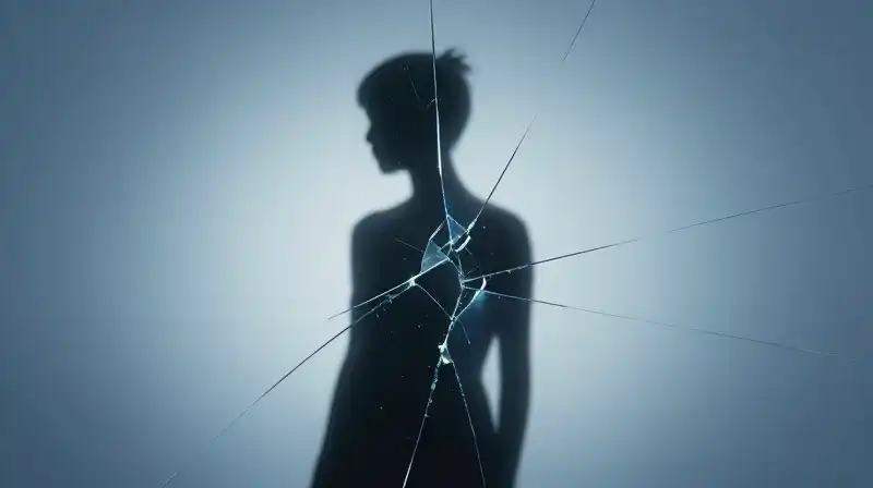 A fractured blue silhouette of a person in a minimalist void