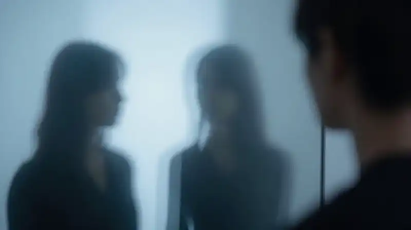 A silhouette gazes into a mirror of shifting light