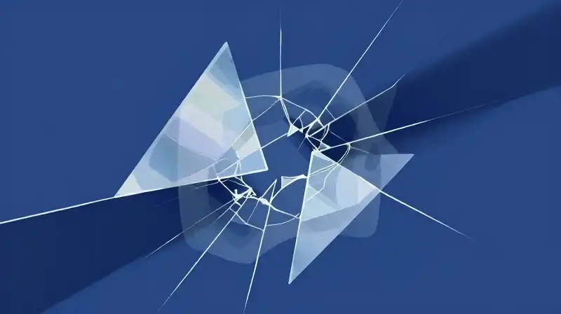 Fragmented, translucent geometric shapes float through ethereal, blue-shadowed light