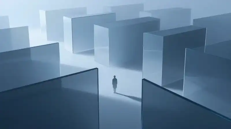 A lone silhouette stands amidst a maze of glass