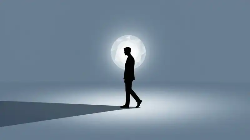 A silhouette steps from shadows toward a glowing geometric sphere
