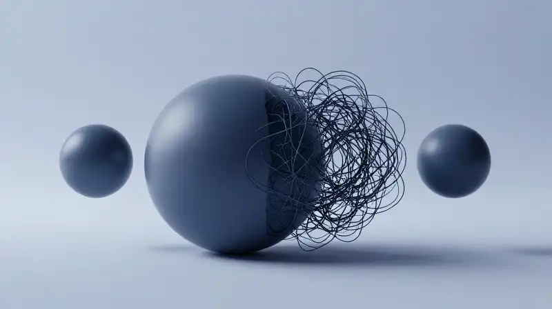 Geometric blue spheres contrast with tangled, dark shadowy threads
