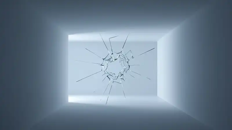 A shattered glass silhouette floats in a minimalist blue space